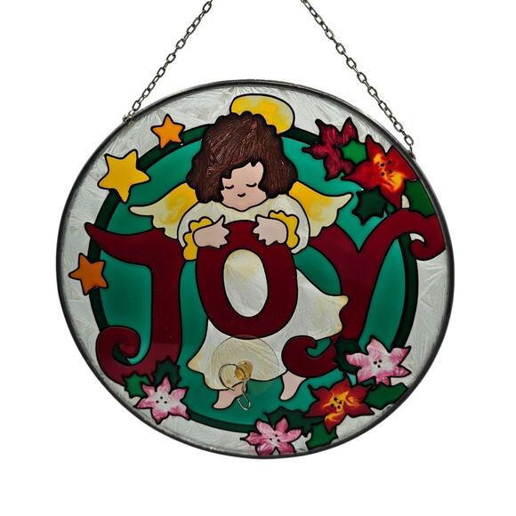 Vintage 1970s Stained Glass Window Hanging Christmas Angel Joy Round - Picture 1 of 4